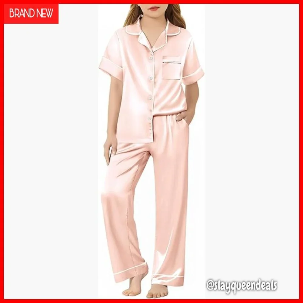 Girls Silk Satin Pajama Set Short Sleeve Button Down Sleepwear